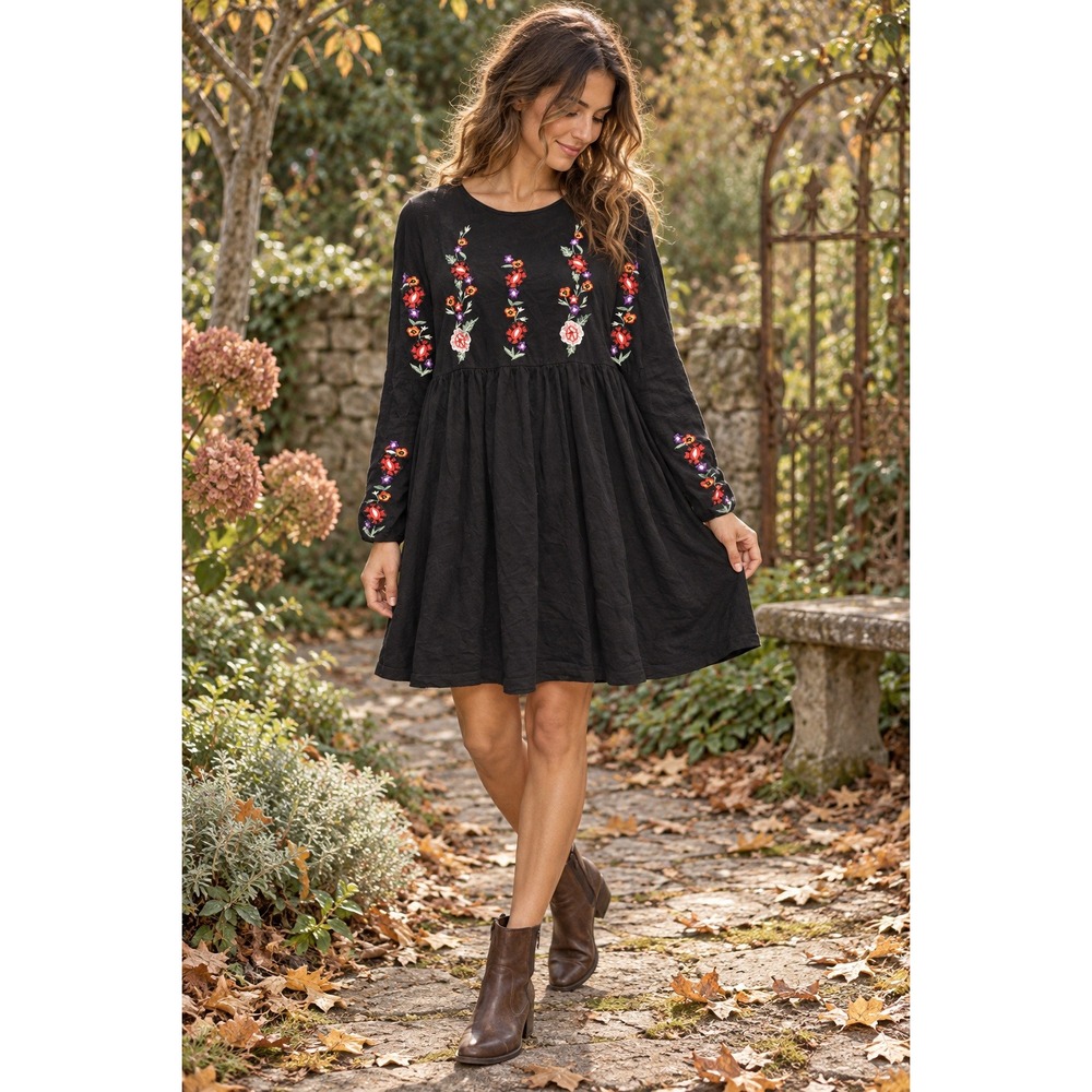 ASOS Black Floral Embroidered Babydoll Mini Dress US 8 Boho Cottagecore